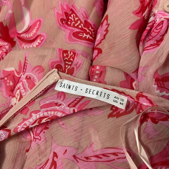 SAINTS + SECRETS Pink Floral Dress Womens Medium Feminine Ruffle Valentines Date - Picture 8 of 9